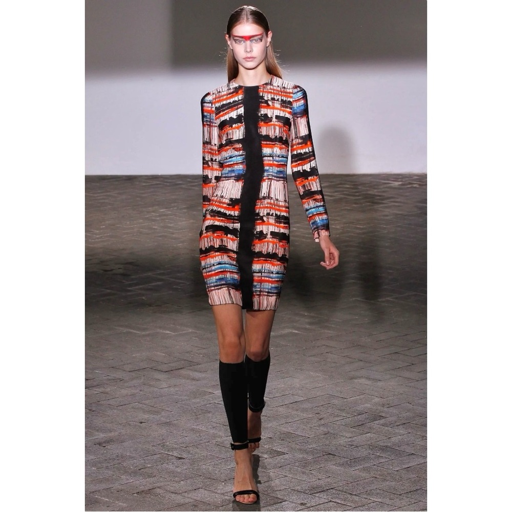 RUNWAY SS13 Cedric Charlier Black Red Blue Abstract Print Long Sleeve Mini Dress